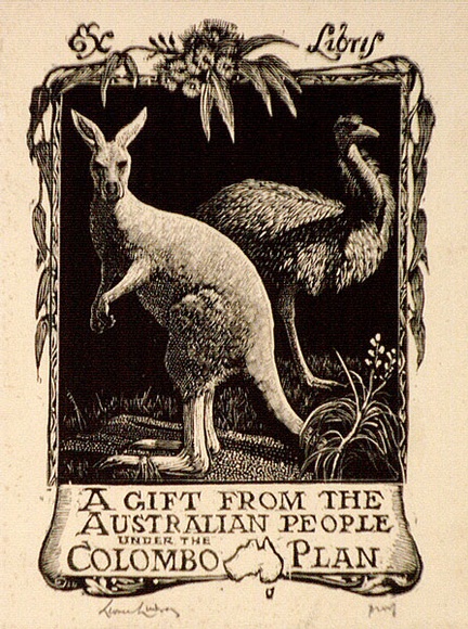 Artist: b'LINDSAY, Lionel' | Title: b'Book plate: Colombo Plan' | Date: 1954 | Technique: b'wood-engraving, printed in black ink, from one block' | Copyright: b'Courtesy of the National Library of Australia' Artist: b'LINDSAY, Lionel' | Title: b'Book plate: Colombo Plan' | Date: 1954 | Technique: b'wood-engraving, printed in black ink, from one block' | Copyright: b'Courtesy of the National Library of Australia'