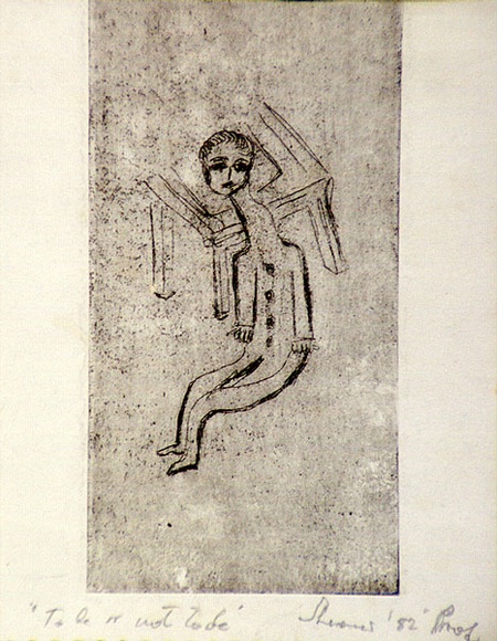 Artist: b'Shearer, Mitzi.' | Title: b'To be or not to be' | Date: 1982 | Technique: b'etching, printed in black ink with plate-tone, from one plate' Artist: b'Shearer, Mitzi.' | Title: b'To be or not to be' | Date: 1982 | Technique: b'etching, printed in black ink with plate-tone, from one plate'