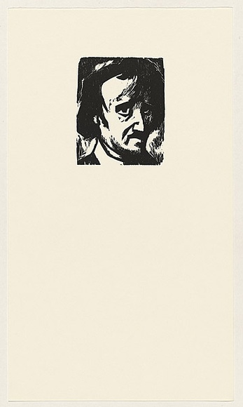 Artist: b'AMOR, Rick' | Title: b'Not titled (worried male face 3).' | Date: (1990) | Technique: b'woodcut, printed in black ink, from one block' Artist: b'AMOR, Rick' | Title: b'Not titled (worried male face 3).' | Date: (1990) | Technique: b'woodcut, printed in black ink, from one block'