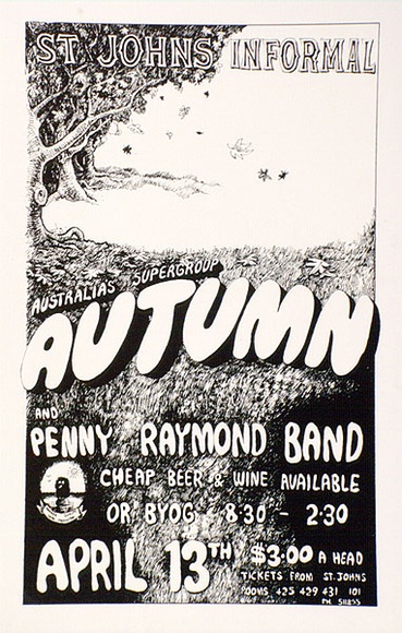 Artist: b'HEPWORTH, John' | Title: bAustralia's suprergroup Autumn and Penny Raymond Band. | Date: 1975 | Technique: b'screenprint, printed in black ink, from one stencil' Artist: b'HEPWORTH, John' | Title: bAustralia's suprergroup Autumn and Penny Raymond Band. | Date: 1975 | Technique: b'screenprint, printed in black ink, from one stencil'