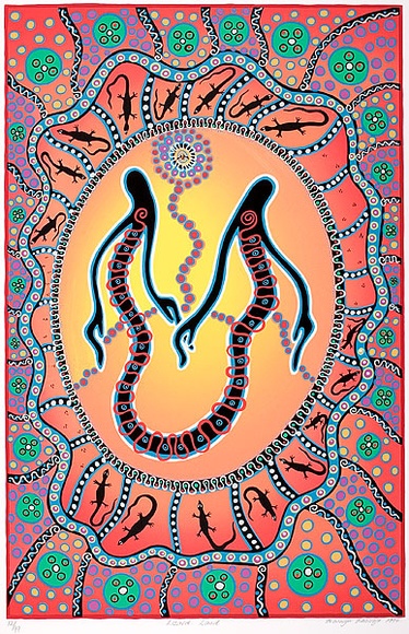 Artist: b'Bancroft, Bronwyn.' | Title: b'Lizard land.' | Date: 1994 | Technique: b'screenprint, printed in colour, from multiple screens' | Copyright: b'\xc2\xa9 Bronwyn Bancroft. Licensed by VISCOPY, Australia' Artist: b'Bancroft, Bronwyn.' | Title: b'Lizard land.' | Date: 1994 | Technique: b'screenprint, printed in colour, from multiple screens' | Copyright: b'\xc2\xa9 Bronwyn Bancroft. Licensed by VISCOPY, Australia'