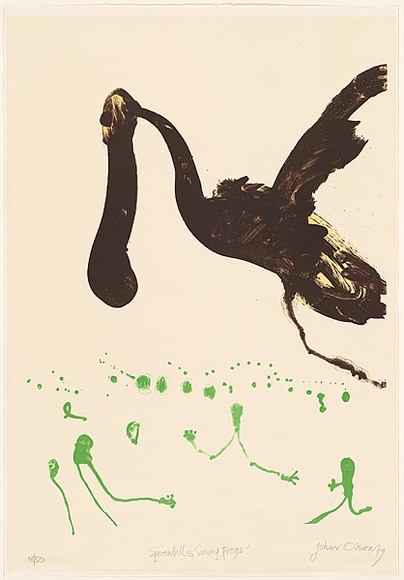 Artist: b'Olsen, John.' | Title: b'Spoonbill and swamp frogs.' | Date: 1979 | Technique: b'lithograph, printed in colour, from two plates' | Copyright: b'\xc2\xa9 John Olsen. Licensed by VISCOPY, Australia' Artist: b'Olsen, John.' | Title: b'Spoonbill and swamp frogs.' | Date: 1979 | Technique: b'lithograph, printed in colour, from two plates' | Copyright: b'\xc2\xa9 John Olsen. Licensed by VISCOPY, Australia'