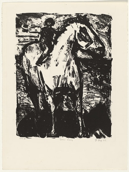 Artist: b'Boag, Yvonne.' | Title: b'Woman riding' | Date: 1985 | Technique: b'lithograph, printed in black ink, from one stone' | Copyright: b'\xc2\xa9 Yvonne Boag' Artist: b'Boag, Yvonne.' | Title: b'Woman riding' | Date: 1985 | Technique: b'lithograph, printed in black ink, from one stone' | Copyright: b'\xc2\xa9 Yvonne Boag'