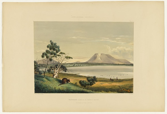 Artist: b'Angas, George French.' | Title: b'Waungerri Lake and the Marble Range.' | Date: 1846-47 | Technique: b'lithograph, printed in colour, from multiple stones; varnish highlights by brush' Artist: b'Angas, George French.' | Title: b'Waungerri Lake and the Marble Range.' | Date: 1846-47 | Technique: b'lithograph, printed in colour, from multiple stones; varnish highlights by brush'