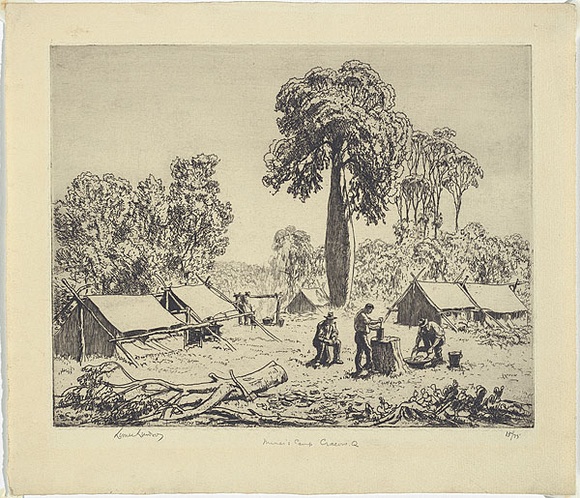 Artist: b'LINDSAY, Lionel' | Title: bMiner's camp, Cracow, Queensland | Date: 1932 | Technique: b'etching, printed in black ink with plate-tone, from one plate' | Copyright: b'Courtesy of the National Library of Australia' Artist: b'LINDSAY, Lionel' | Title: bMiner's camp, Cracow, Queensland | Date: 1932 | Technique: b'etching, printed in black ink with plate-tone, from one plate' | Copyright: b'Courtesy of the National Library of Australia'
