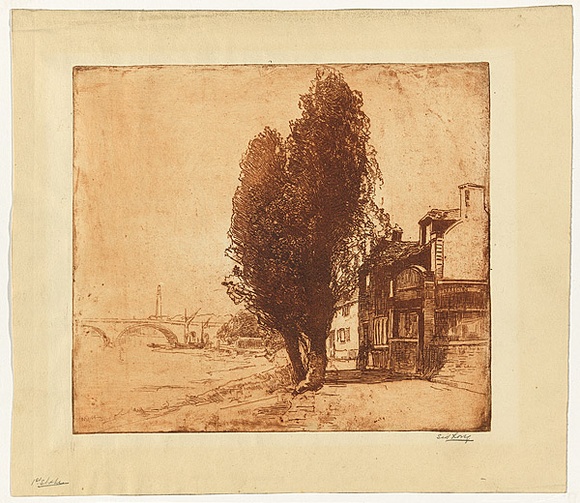 Artist: b'Long, Sydney.' | Title: b'Strand on the green, No.2' | Date: c.1923 | Technique: b'line-etching, printed in sepia ink, from one copper plate' | Copyright: b'Reproduced with the kind permission of the Ophthalmic Research Institute of Australia' Artist: b'Long, Sydney.' | Title: b'Strand on the green, No.2' | Date: c.1923 | Technique: b'line-etching, printed in sepia ink, from one copper plate' | Copyright: b'Reproduced with the kind permission of the Ophthalmic Research Institute of Australia'
