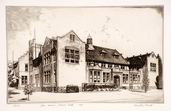 Artist: b'PLATT, Austin' | Title: b'The Modern School, Perth' | Date: 1937 | Technique: b'etching, printed in black ink, from one plate' Artist: b'PLATT, Austin' | Title: b'The Modern School, Perth' | Date: 1937 | Technique: b'etching, printed in black ink, from one plate'