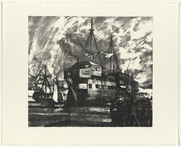 Artist: b'Dunlop, Brian.' | Title: b'Convict hulk' | Date: 1986 | Technique: b'lithograph, printed in black ink, from one stone' Artist: b'Dunlop, Brian.' | Title: b'Convict hulk' | Date: 1986 | Technique: b'lithograph, printed in black ink, from one stone'