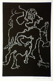 Artist: b'Wallace-Crabbe, Robin.' | Title: b'Walking the dog' | Date: 1966 | Technique: b'linocut, printed in black ink, from one block' | Copyright: b'\xc2\xa9 Robin Wallace-Crabbe, Licensed by VISCOPY, Australia'