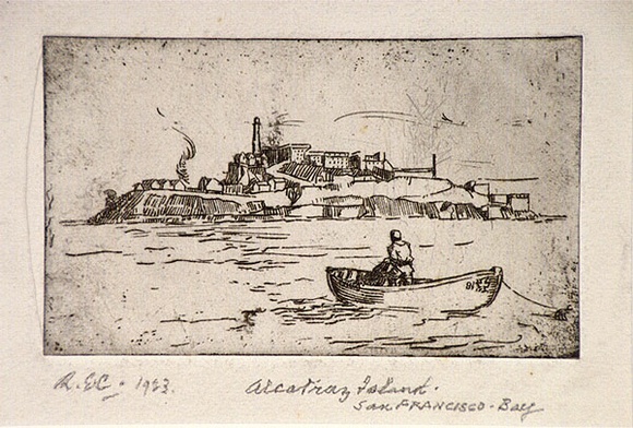 Artist: b'Curtis, Robert Emerson.' | Title: b'Alcatraz Island, San Francisco Bay.' | Date: 1923 | Technique: b'etching, printed in black ink, from one plate' Artist: b'Curtis, Robert Emerson.' | Title: b'Alcatraz Island, San Francisco Bay.' | Date: 1923 | Technique: b'etching, printed in black ink, from one plate'