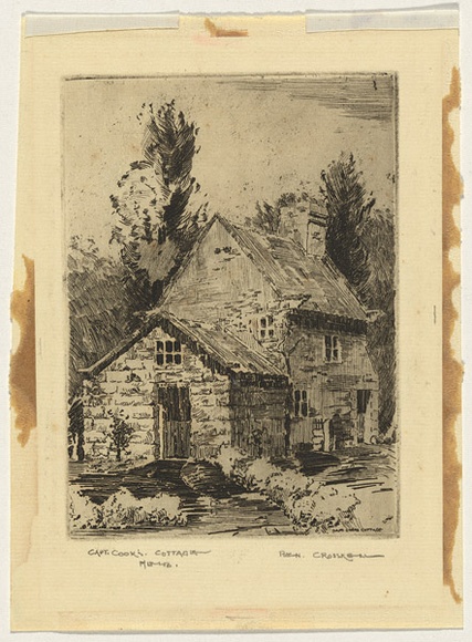 Artist: b'Crosskell, Ben' | Title: bCaptain Cook's cottage, Melbourne. | Date: c.1936 | Technique: b'etching, printed in black ink with plate-tone, from one plate' Artist: b'Crosskell, Ben' | Title: bCaptain Cook's cottage, Melbourne. | Date: c.1936 | Technique: b'etching, printed in black ink with plate-tone, from one plate'