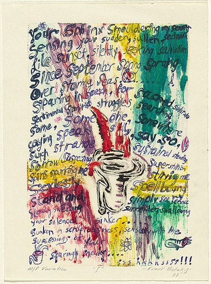 Artist: b'Hiotakis, Frank.' | Title: b'S' | Date: 1988 | Technique: b'monoprint; hand-coloured with felt tip pen' | Copyright: b'\xc2\xa9 Frank Hiotakis, Australia' Artist: b'Hiotakis, Frank.' | Title: b'S' | Date: 1988 | Technique: b'monoprint; hand-coloured with felt tip pen' | Copyright: b'\xc2\xa9 Frank Hiotakis, Australia'