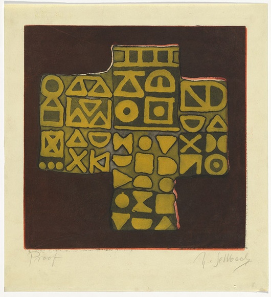 Artist: b'SELLBACH, Udo' | Title: b'(Cross with symbols)' | Date: 1967 | Technique: b'aquatint, etching printed in colour from two (?) plates' Artist: b'SELLBACH, Udo' | Title: b'(Cross with symbols)' | Date: 1967 | Technique: b'aquatint, etching printed in colour from two (?) plates'