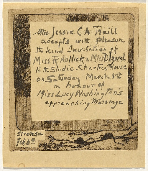 Artist: b'Traill, Jessie.' | Title: b'Possum time (invitation acceptance).' | Date: 1930 | Technique: b'etching, printed in brown ink, with plate-tone, from one plate' Artist: b'Traill, Jessie.' | Title: b'Possum time (invitation acceptance).' | Date: 1930 | Technique: b'etching, printed in brown ink, with plate-tone, from one plate'