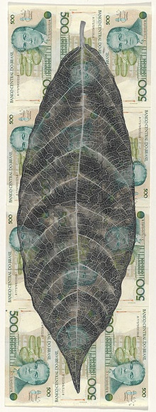 Artist: b'HALL, Fiona' | Title: b'Theobroma cacao - Chocolate tree (Brazilian currency)' | Date: 2000 - 2002 | Technique: b'gouache' | Copyright: b'\xc2\xa9 Fiona Hall' Artist: b'HALL, Fiona' | Title: b'Theobroma cacao - Chocolate tree (Brazilian currency)' | Date: 2000 - 2002 | Technique: b'gouache' | Copyright: b'\xc2\xa9 Fiona Hall'