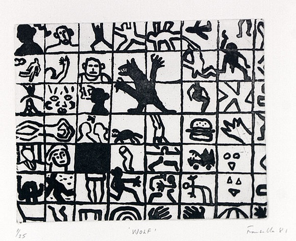 Artist: b'Fransella, Graham.' | Title: b'Wolf'. | Date: 1981 | Technique: b'aquatint, printed in black ink, from one plate' | Copyright: b'Courtesy of the artist' Artist: b'Fransella, Graham.' | Title: b'Wolf'. | Date: 1981 | Technique: b'aquatint, printed in black ink, from one plate' | Copyright: b'Courtesy of the artist'