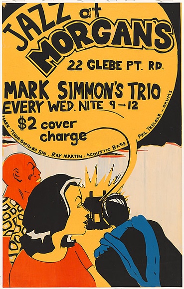 Artist: b'Lane, Leonie.' | Title: bJazz at Morgan's - Mark Simmon's trio | Date: 1979 | Technique: b'screenprint, printed in colour, from four stencils' | Copyright: b'\xc2\xa9 Leonie Lane' Artist: b'Lane, Leonie.' | Title: bJazz at Morgan's - Mark Simmon's trio | Date: 1979 | Technique: b'screenprint, printed in colour, from four stencils' | Copyright: b'\xc2\xa9 Leonie Lane'