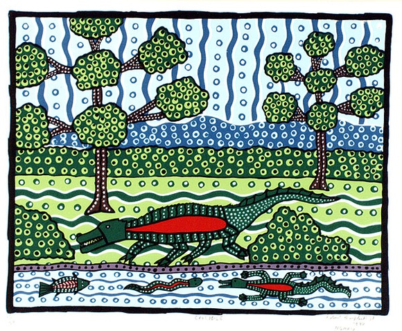 Artist: b'Campbell (Jnr.), Robert' | Title: b'Crocodile' | Date: 1990 | Technique: b'screenprint, printed in colour, from multiple stencils' | Copyright: b'Courtesy of Rolsyn Oxley9 Gallery' Artist: b'Campbell (Jnr.), Robert' | Title: b'Crocodile' | Date: 1990 | Technique: b'screenprint, printed in colour, from multiple stencils' | Copyright: b'Courtesy of Rolsyn Oxley9 Gallery'