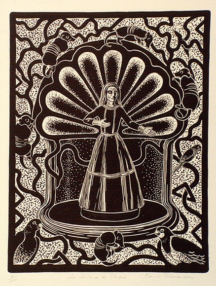 Artist: b'RICHARDSON, Berris' | Title: b'La Senora de Papel' | Date: 1982 | Technique: b'linocut, printed in brown/purple ink, from one block' Artist: b'RICHARDSON, Berris' | Title: b'La Senora de Papel' | Date: 1982 | Technique: b'linocut, printed in brown/purple ink, from one block'