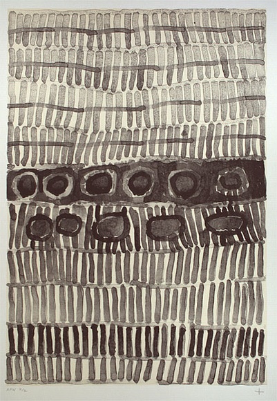 Artist: b'WARLAPINNI, Freda' | Title: b'Body painting' | Date: 2001, January | Technique: b'lithograph, printed in black and yellow ink, from two stones' | Copyright: b'\xc2\xa9 Freda Warlapinni, Jilamara Arts and Craft' Artist: b'WARLAPINNI, Freda' | Title: b'Body painting' | Date: 2001, January | Technique: b'lithograph, printed in black and yellow ink, from two stones' | Copyright: b'\xc2\xa9 Freda Warlapinni, Jilamara Arts and Craft'