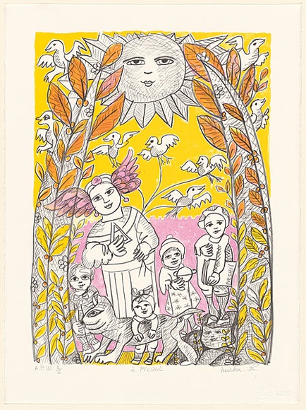 Artist: b'Mora, Mirka.' | Title: b'\xc3\x81 Preshil' | Date: 1996, February - March | Technique: b'lithograph, printed in pink, yellow and black ink, from multiple stones' | Copyright: b'\xc2\xa9 Mirka Mora' Artist: b'Mora, Mirka.' | Title: b'\xc3\x81 Preshil' | Date: 1996, February - March | Technique: b'lithograph, printed in pink, yellow and black ink, from multiple stones' | Copyright: b'\xc2\xa9 Mirka Mora'
