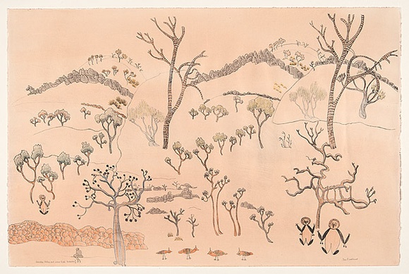 Title: b'Limestone ridges and young boab, Kimberley' | Date: 2000 | Technique: b'lithograph, printed in colour, from multiple zinc carbide plates; additional hand colouring' Title: b'Limestone ridges and young boab, Kimberley' | Date: 2000 | Technique: b'lithograph, printed in colour, from multiple zinc carbide plates; additional hand colouring'