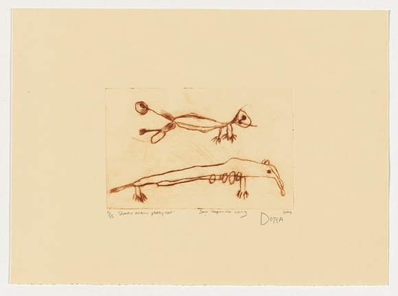 Artist: b'Napurrula Long, Dora.' | Title: b'Juntu manu - pussy cat' | Date: 2004 | Technique: b'drypoint etching, printed in brown ink, from one perspex plate' Artist: b'Napurrula Long, Dora.' | Title: b'Juntu manu - pussy cat' | Date: 2004 | Technique: b'drypoint etching, printed in brown ink, from one perspex plate'