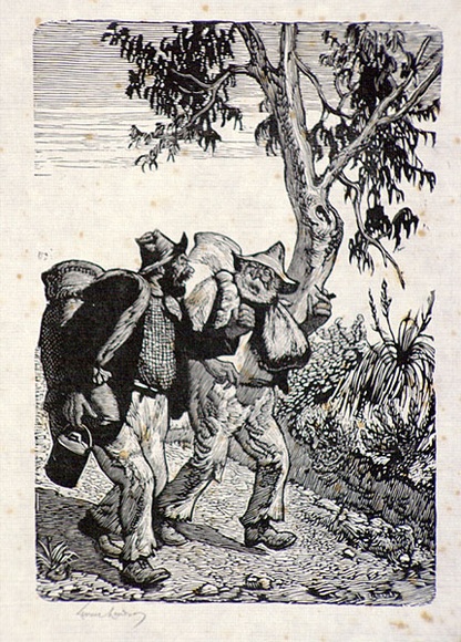 Artist: b'LINDSAY, Lionel' | Title: b'Two sundowners, Brunny and Swampy' | Date: 1939 | Technique: b'wood-engraving, printed in black ink, from one block' | Copyright: b'Courtesy of the National Library of Australia' Artist: b'LINDSAY, Lionel' | Title: b'Two sundowners, Brunny and Swampy' | Date: 1939 | Technique: b'wood-engraving, printed in black ink, from one block' | Copyright: b'Courtesy of the National Library of Australia'