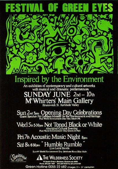Artist: b'ACCESS 6' | Title: b'Festival of Green Eyes' | Date: 1991, May | Technique: b'screenprint, printed in green and black ink, from two stencils'