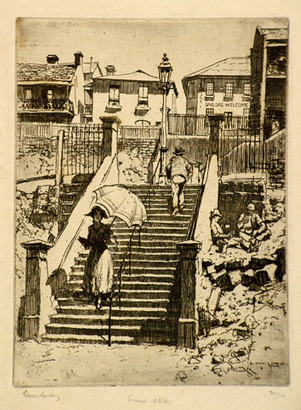 Artist: b'LINDSAY, Lionel' | Title: b'Essex steps' | Date: 1925 | Technique: b'etching, printed in black ink with plate-tone, from one plate' | Copyright: b'Courtesy of the National Library of Australia' Artist: b'LINDSAY, Lionel' | Title: b'Essex steps' | Date: 1925 | Technique: b'etching, printed in black ink with plate-tone, from one plate' | Copyright: b'Courtesy of the National Library of Australia'