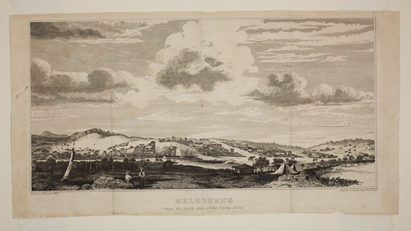 Title: b'Melbourne from the south side of the Yarra Yarra' | Date: 1839 | Technique: b'engraving, printed in black ink, from one copper plate' Title: b'Melbourne from the south side of the Yarra Yarra' | Date: 1839 | Technique: b'engraving, printed in black ink, from one copper plate'