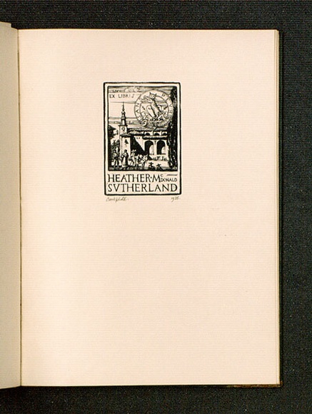 Artist: b'McGrath, Raymond.' | Title: b'Bookplate: Heather McDonald Sutherland.' | Date: 1925 | Technique: b'wood-engraving, printed in black ink, from one block' Artist: b'McGrath, Raymond.' | Title: b'Bookplate: Heather McDonald Sutherland.' | Date: 1925 | Technique: b'wood-engraving, printed in black ink, from one block'