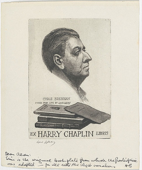 Artist: b'LINDSAY, Lionel' | Title: b'Bookplate: Harry Chaplin' | Technique: b'etching, aquatint and roulette, printed in black ink, from one plate' | Copyright: b'Courtesy of the National Library of Australia' Artist: b'LINDSAY, Lionel' | Title: b'Bookplate: Harry Chaplin' | Technique: b'etching, aquatint and roulette, printed in black ink, from one plate' | Copyright: b'Courtesy of the National Library of Australia'