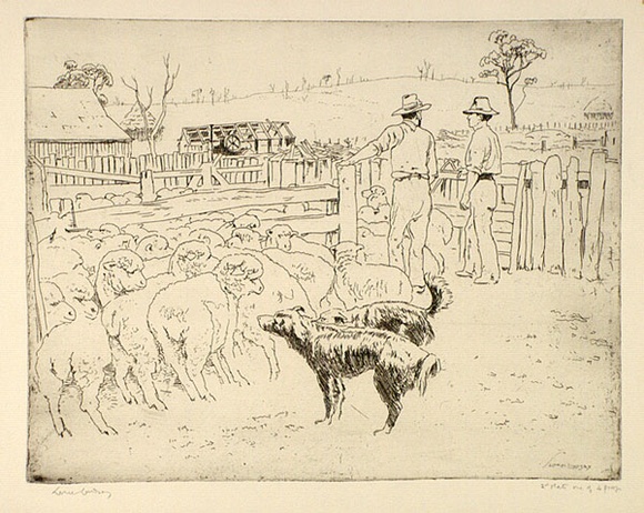 Artist: b'LINDSAY, Lionel' | Title: b'Drafting sheep' | Date: 1947 | Technique: b'etching and foul biting, printed in warm black ink, from one plate' | Copyright: b'Courtesy of the National Library of Australia' Artist: b'LINDSAY, Lionel' | Title: b'Drafting sheep' | Date: 1947 | Technique: b'etching and foul biting, printed in warm black ink, from one plate' | Copyright: b'Courtesy of the National Library of Australia'