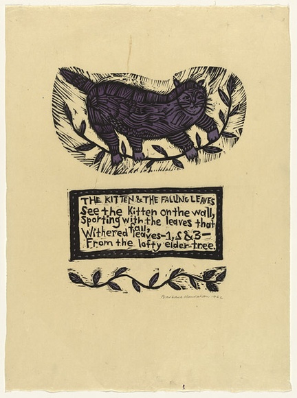 Artist: b'HANRAHAN, Barbara' | Title: b'The kitten and the falling leaves' | Date: 1962 | Technique: b'linocut, printed in black ink, from three blocks' Artist: b'HANRAHAN, Barbara' | Title: b'The kitten and the falling leaves' | Date: 1962 | Technique: b'linocut, printed in black ink, from three blocks'