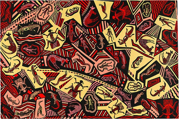 Artist: b'NAMARNYILK, Neville' | Title: b'Wrapping paper: Oenpelli' | Date: 1986 | Technique: b'screenprint, printed in colour, from three stencils' Artist: b'NAMARNYILK, Neville' | Title: b'Wrapping paper: Oenpelli' | Date: 1986 | Technique: b'screenprint, printed in colour, from three stencils'