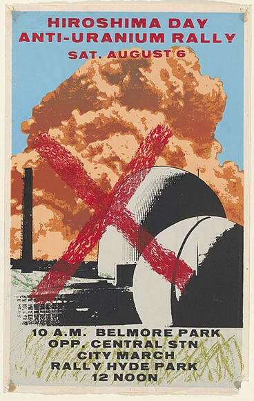 Artist: b'Robertson, Tom.' | Title: b'Hiroshima Day anti-uranium rally' | Date: 1977 | Technique: b'screenprint, printed in colour, from multiple stencils' Artist: b'Robertson, Tom.' | Title: b'Hiroshima Day anti-uranium rally' | Date: 1977 | Technique: b'screenprint, printed in colour, from multiple stencils'