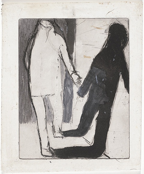 Artist: b'MADDOCK, Bea' | Title: b'Figure and shadow III.' | Date: May 1965 | Technique: b'line-etching and aquatint, printed in black ink, from one copper plate; additions in brush and black ink wash' Artist: b'MADDOCK, Bea' | Title: b'Figure and shadow III.' | Date: May 1965 | Technique: b'line-etching and aquatint, printed in black ink, from one copper plate; additions in brush and black ink wash'