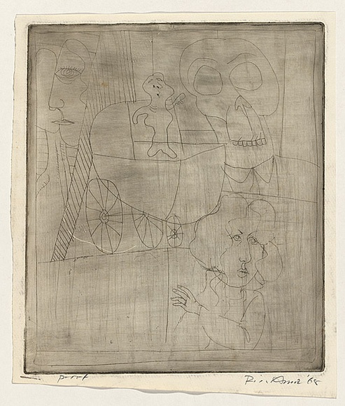 Artist: b'AMOR, Rick' | Title: b'not titled [nightmare scene - woman, skull and baby carriage]' | Date: 1968 | Technique: b'etching, printed in black ink with plate-tone, from one plate'
