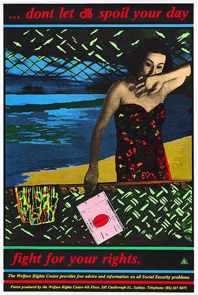 Artist: b'REDBACK GRAPHIX' | Title: bDon't let DSS spoil your day. | Date: 1985 | Technique: b'screenprint, printed in colour, from six stencils' Artist: b'REDBACK GRAPHIX' | Title: bDon't let DSS spoil your day. | Date: 1985 | Technique: b'screenprint, printed in colour, from six stencils'