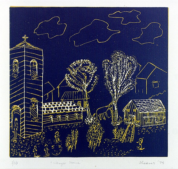 Artist: b'Shearer, Mitzi.' | Title: b'Village scene' | Date: 1979 | Technique: b'linocut, printed in colour, from two blocks'
