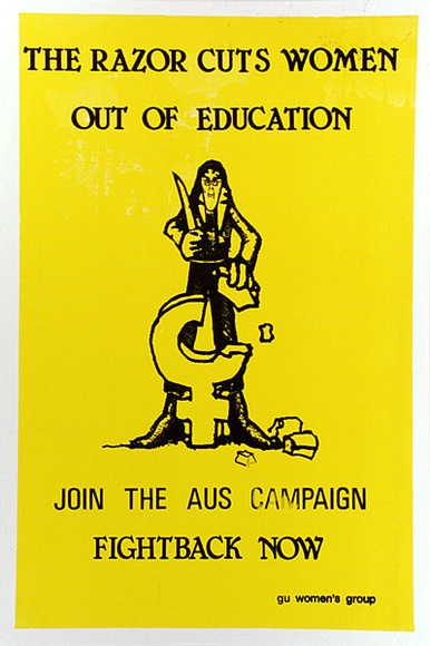 Artist: Swan, James. | Title: The razor cuts the women out of eduction | Date: c.1982 | Technique: screenprint, printed in colour, from two stencils