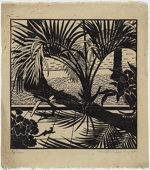 Artist: b'Blackburn, Vera.' | Title: b'Pattern.' | Date: 1936, August | Technique: b'linocut, printed in black ink, from one block' | Copyright: b'\xc2\xa9 Vera Blackburn' Artist: b'Blackburn, Vera.' | Title: b'Pattern.' | Date: 1936, August | Technique: b'linocut, printed in black ink, from one block' | Copyright: b'\xc2\xa9 Vera Blackburn'