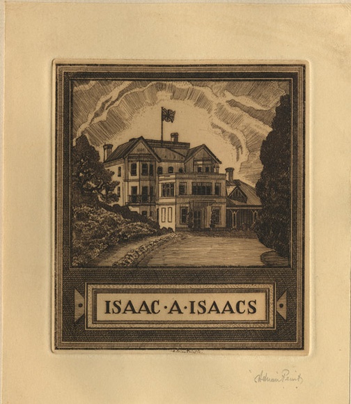 Artist: b'FEINT, Adrian' | Title: b'Bookplate: Isaac A Isaacs.' | Date: (1936) | Technique: b'etching, printed in brown ink with plate-tone, from one plate' | Copyright: b'Courtesy the Estate of Adrian Feint' Artist: b'FEINT, Adrian' | Title: b'Bookplate: Isaac A Isaacs.' | Date: (1936) | Technique: b'etching, printed in brown ink with plate-tone, from one plate' | Copyright: b'Courtesy the Estate of Adrian Feint'