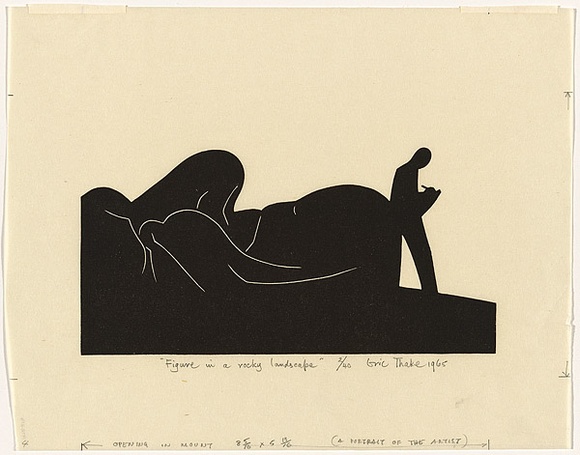 Artist: b'Thake, Eric.' | Title: b'Figure in a rocky landscape' | Date: 1965 | Technique: b'linocut, printed in black ink, from one block' Artist: b'Thake, Eric.' | Title: b'Figure in a rocky landscape' | Date: 1965 | Technique: b'linocut, printed in black ink, from one block'