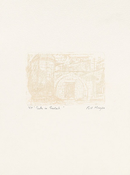 Artist: b'MEYER, Bill' | Title: b'Gate at Geulah' | Date: 1992 | Technique: b'etching, printed in buff ink, from one zinc plate' | Copyright: b'\xc2\xa9 Bill Meyer' Artist: b'MEYER, Bill' | Title: b'Gate at Geulah' | Date: 1992 | Technique: b'etching, printed in buff ink, from one zinc plate' | Copyright: b'\xc2\xa9 Bill Meyer'