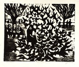 Artist: Allen, Joyce. | Title: Feeding the pigeons. | Date: 1965 | Technique: linocut printed in black ink, from one block