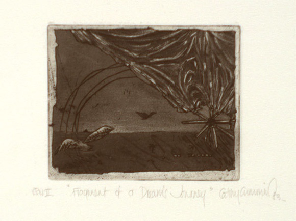 Artist: b'Cummins, Cathy.' | Title: bFragment of a dream's journey | Date: 1983 | Technique: b'etching and aquatint, printed in black ink, from one plate' Artist: b'Cummins, Cathy.' | Title: bFragment of a dream's journey | Date: 1983 | Technique: b'etching and aquatint, printed in black ink, from one plate'
