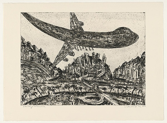Artist: b'Senbergs, Jan.' | Title: b'Landing at exotica (dark)' | Date: 1992 | Technique: b'etching, printed in black ink, from one plate' | Copyright: b'\xc2\xa9 Jan Senbergs' Artist: b'Senbergs, Jan.' | Title: b'Landing at exotica (dark)' | Date: 1992 | Technique: b'etching, printed in black ink, from one plate' | Copyright: b'\xc2\xa9 Jan Senbergs'