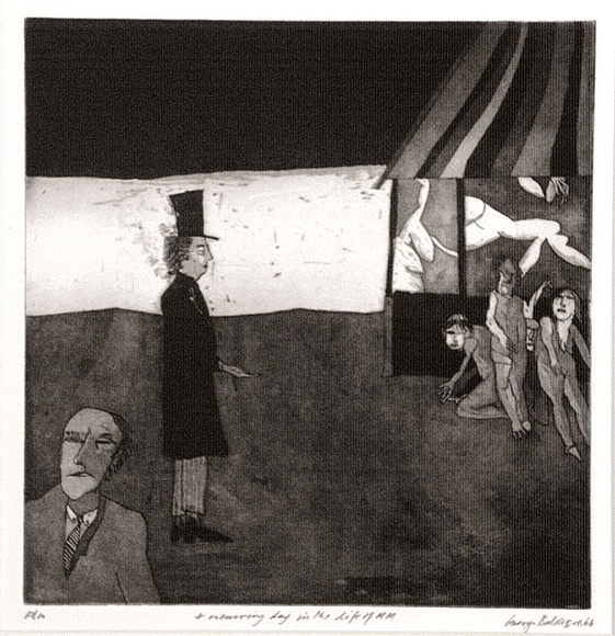 Artist: b'BALDESSIN, George' | Title: b'A recurring day in the life of M.M.' | Date: 1966 | Technique: b'etching and aquatint, printed in black ink, from one plate' Artist: b'BALDESSIN, George' | Title: b'A recurring day in the life of M.M.' | Date: 1966 | Technique: b'etching and aquatint, printed in black ink, from one plate'